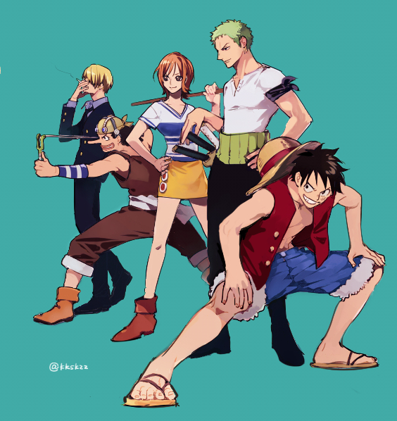 :d afro aiming black_hair blonde_hair formal fur-trimmed_shorts fur_trim green_hair grin hands_on_own_knees haramaki meiji_(pecosyr5) miniskirt monkey_d._luffy nami_(one_piece) one_piece open_clothes open_shirt orange_hair roronoa_zoro sandals sanji short_hair short_sleeves shorts simple_background skirt sleeveless smile smoking suit usopp