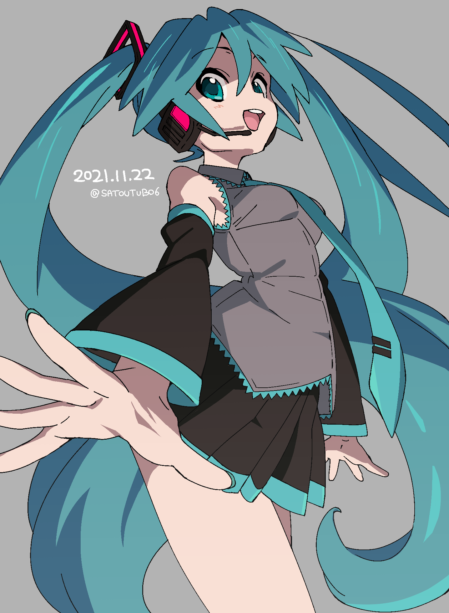 1girl aqua_eyes aqua_hair aqua_nails aqua_necktie bare_shoulders black_skirt black_sleeves cowboy_shot dated detached_sleeves from_below grey_background grey_shirt hair_ornament hatsune_miku headphones headset highres iihoneikotu long_hair looking_at_viewer looking_down looking_to_the_side miniskirt nail_polish necktie open_mouth pleated_skirt shirt skirt sleeveless sleeveless_shirt smile solo standing thighs twintails twintails_day twitter_username very_long_hair vocaloid