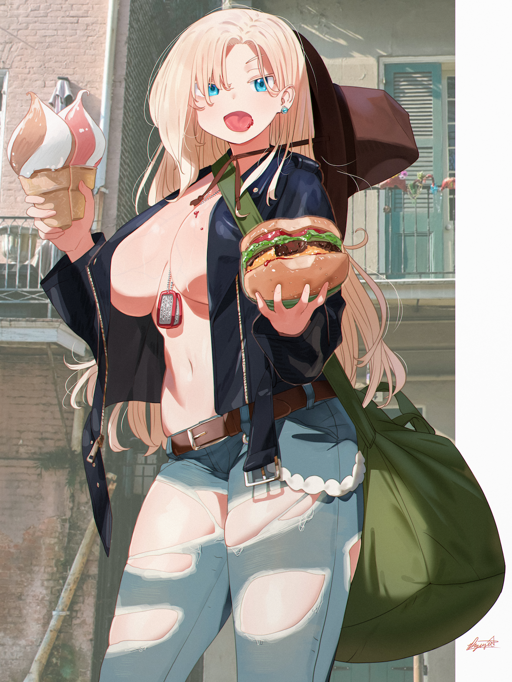 1girl bag belt blonde_hair blue_eyes breasts burger day denim dog_tags earrings fast_food food food_on_body food_on_breasts food_on_face hair_over_one_eye highres holding holding_food huge_breasts jacket jeans jewelry long_hair long_sleeves miami-chan_(ryusei_hashida) navel no_bra open_clothes open_jacket open_mouth original outdoors pants photo_background ryusei_hashida shoulder_bag skin_tight solo standing stomach tongue tongue_out torn_clothes torn_jeans torn_pants unzipped very_long_hair zipper zipper_pull_tab
