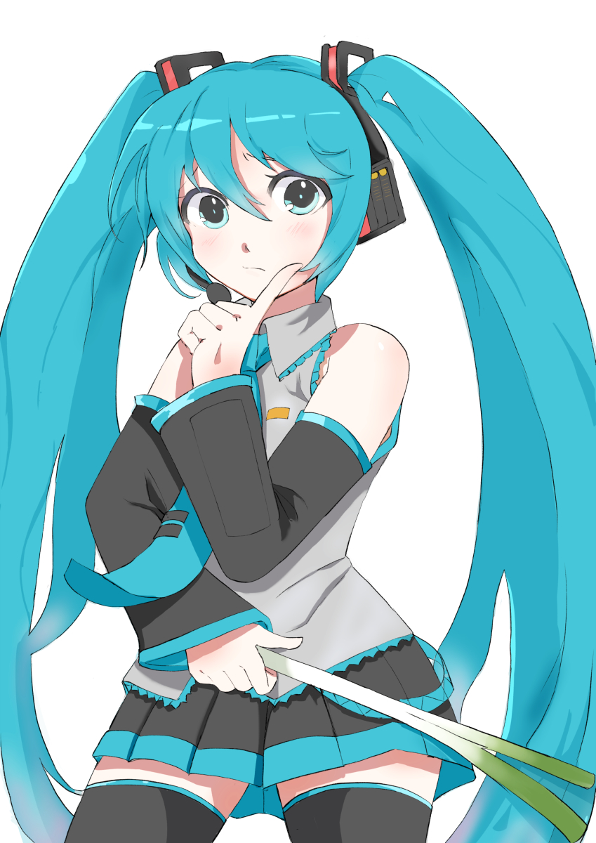 1girl bangs bare_shoulders black_legwear black_skirt blue_eyes blue_hair blue_necktie closed_mouth collared_shirt commentary cowboy_shot detached_sleeves dress_shirt finger_to_cheek food frilled_shirt_collar frills grey_shirt hair_between_eyes hatsune_miku headset highres holding holding_food holding_vegetable light_blush long_hair looking_at_viewer necktie pleated_skirt shirt skirt sleeveless sleeveless_shirt solo thigh-highs tie_clip twintails vegetable very_long_hair vla_sta vocaloid white_background zettai_ryouiki