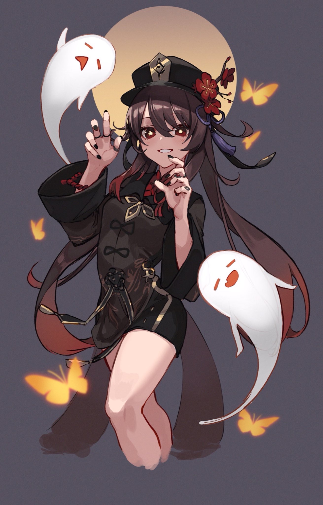 1girl bangs black_nails black_shorts bracelet brown_coat brown_hair bug butterfly coat coattails cropped_legs flower full_moon genshin_impact ghost ghost_pose gradient_hair grey_background grin hat hat_flower highres hu_tao_(genshin_impact) jewelry long_hair looking_at_viewer moon multicolored_hair nail_polish plum_blossoms porkpie_hat red_eyes ring shorts simple_background smile solo sooon standing star-shaped_pupils star_(symbol) symbol-shaped_pupils tassel twintails