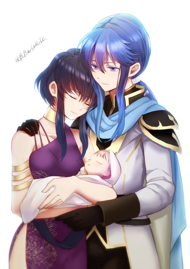 1boy 2girls baby black_gloves black_hair blue_cape blue_eyes blue_hair breasts cape closed_eyes collarbone commentary_request couple dress father_and_daughter fire_emblem fire_emblem:_genealogy_of_the_holy_war gloves hand_on_another's_shoulder holding_baby if_they_mated jacket larcei_(fire_emblem) long_hair medium_breasts mother_and_daughter multiple_girls ponytail purple_dress seliph_(fire_emblem) shoochiku_bai short_hair_with_long_locks side_slit sidelocks twitter_username white_jacket