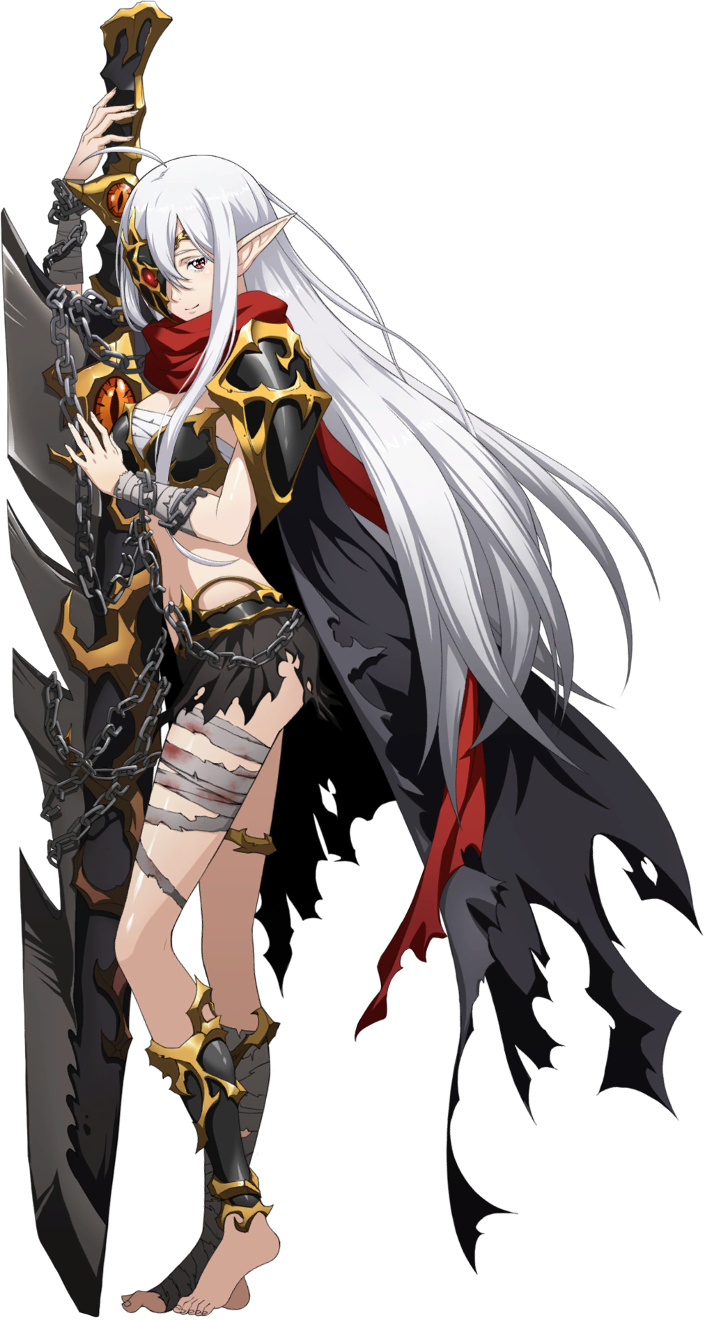 1girl ahoge armor bandaged_arm bandaged_leg bandages bangs barefoot bikini_armor chain closed_mouth full_body hair_between_eyes highres holding holding_sword holding_weapon langrisser langrisser_mobile long_hair mask official_art pointy_ears red_eyes red_scarf sarashi scarf shiny shiny_hair shoulder_armor silver_hair smile solo standing straight_hair sword thighlet transparent_background very_long_hair weapon zerida