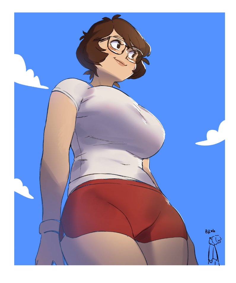 1boy 1girl border breasts brown_eyes brown_hair clouds covered_navel english_commentary giant giantess glasses impossible_clothes large_breasts looking_to_the_side looking_up original red_shorts shirt short_hair shorts sketch sky smile snowcie snowciel white_border white_shirt