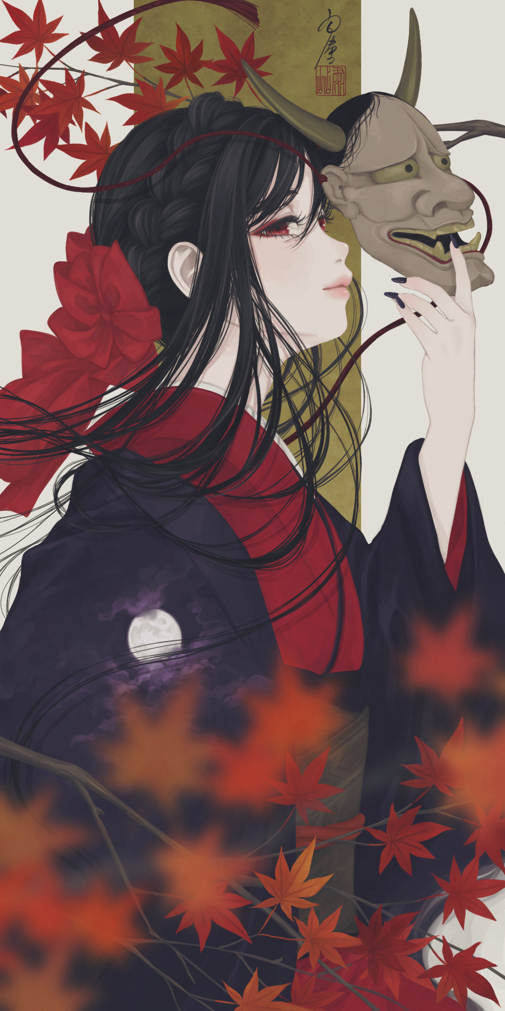 1girl autumn_leaves black_hair black_nails blurry bow braid branch depth_of_field from_behind hair_bow hannya highres holding holding_mask japanese_clothes kimono leaf lips long_hair looking_at_viewer maple_leaf mask moon_print nail_polish noh_mask original red_eyes smile solo ushiyama_ame