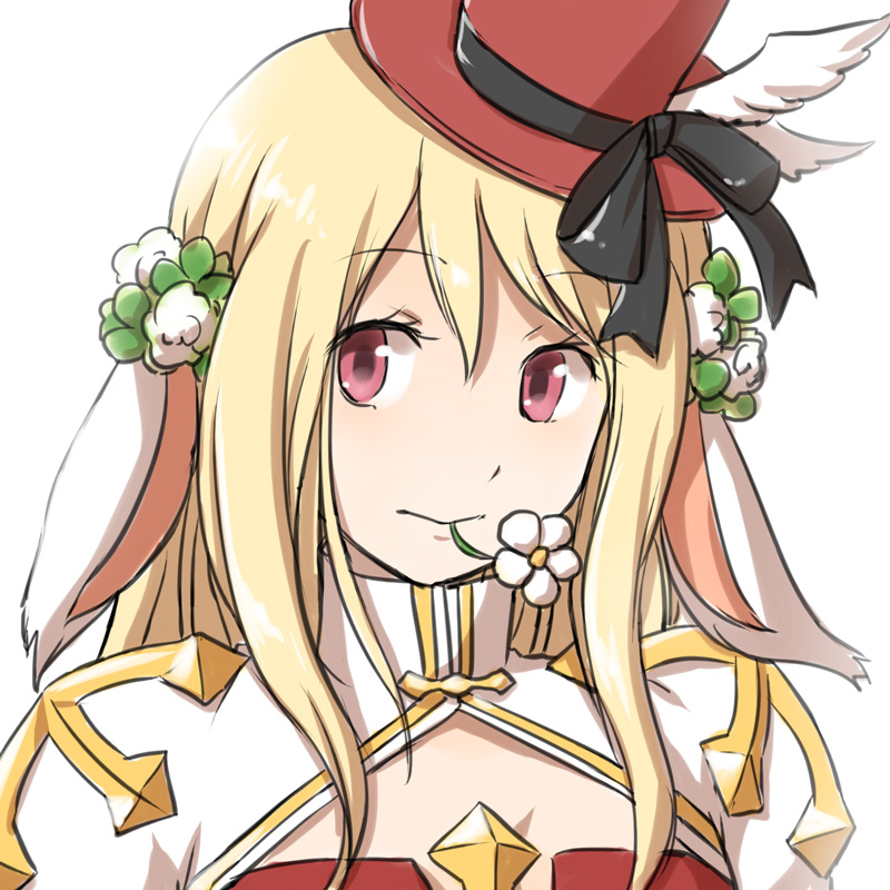 1girl animal_ears arch_bishop_(ragnarok_online) bangs black_bow blonde_hair bow cleavage_cutout closed_mouth clothing_cutout commentary_request cross dress eyebrows_visible_through_hair floppy_ears flower flower_in_mouth hat hat_bow long_hair looking_at_viewer natsuya_(kuttuki) pink_eyes rabbit_ears ragnarok_online red_dress red_headwear simple_background solo top_hat two-tone_dress upper_body white_background white_dress white_flower winged_hat