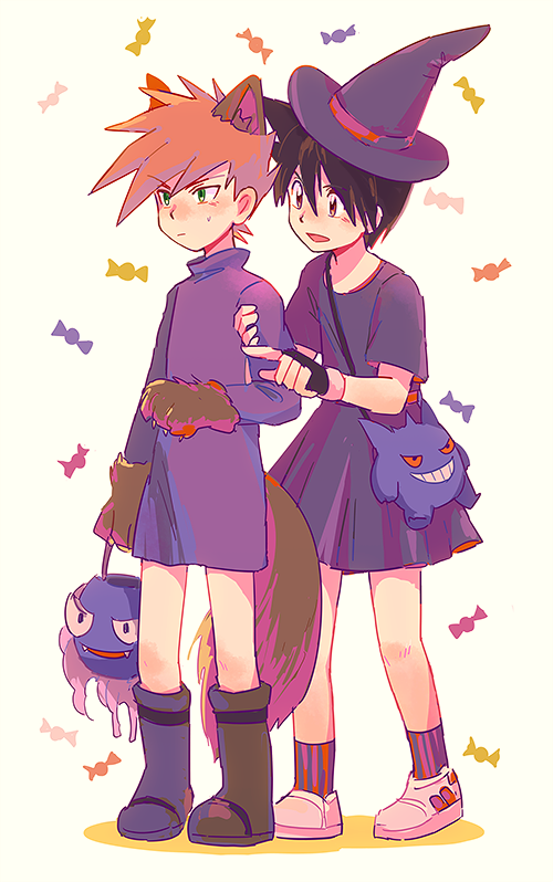 2boys animal_hands bangs black_gloves blue_oak boots brown_footwear closed_mouth commentary_request crossdressing dress fingerless_gloves gastly gengar gloves green_eyes halloween_bucket itome_(funori1) male_focus multiple_boys orange_hair paw_gloves pokemon pokemon_adventures purple_dress red_(pokemon) shoes short_hair short_sleeves socks spiky_hair standing sweatdrop themed_object