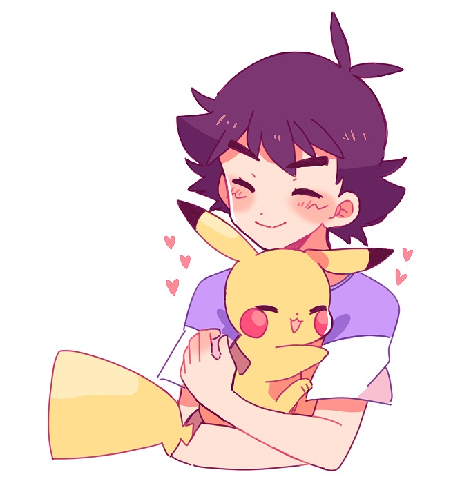 1boy antenna_hair ash_ketchum bangs blush catsubun_(kkst0904) closed_eyes closed_mouth commentary happy heart holding holding_pokemon male_focus pikachu pokemon pokemon_(anime) pokemon_(creature) pokemon_sm_(anime) purple_hair shirt short_hair short_sleeves simple_background smile t-shirt upper_body white_background