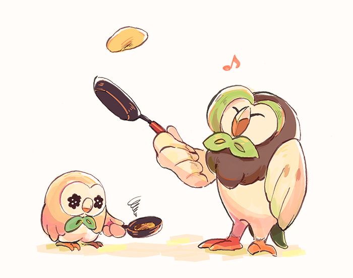 beak black_eyes closed_eyes closed_mouth commentary_request dartrix disappointed food frying_pan holding holding_frying_pan itome_(funori1) musical_note no_humans pancake pokemon pokemon_(creature) rowlet squiggle standing talons