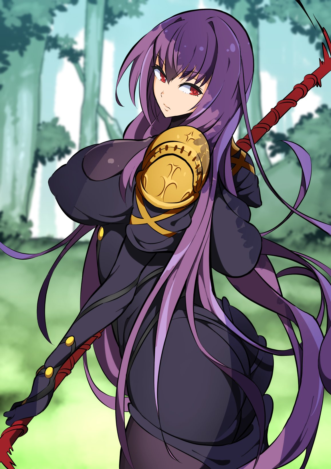 1girl bangs bodysuit breasts closed_mouth covered_nipples cowboy_shot eyebrows_visible_through_hair facing_back fate/grand_order fate_(series) gae_bolg_(fate) gloves highres holding large_breasts long_hair looking_at_viewer nac000 polearm purple_hair red_eyes scathach_(fate) solo spear very_long_hair weapon