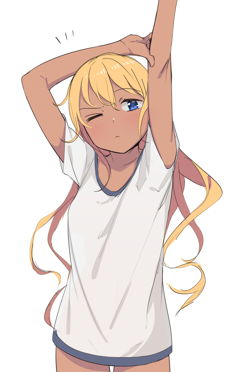 1girl ;( arms_up bangs blonde_hair blue_eyes cowboy_shot dark-skinned_female dark_skin hair_between_eyes highres long_hair looking_at_viewer no_pants original saiste shirt simple_background solo white_background white_shirt