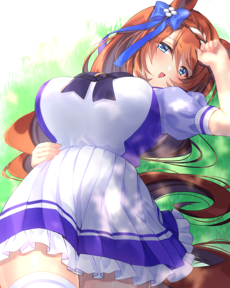 1girl :d animal_ears bangs blue_bow blue_pupils bow braid breasts brown_hair eyebrows_visible_through_hair eyes_visible_through_hair fingernails hair_between_eyes hair_bow horse_ears horse_girl horse_tail large_breasts light_blue_eyes long_hair lying multicolored_hair nnmi11 on_back puffy_short_sleeves puffy_sleeves short_sleeves smile super_creek_(umamusume) tail thigh-highs two-tone_hair umamusume white_hair white_legwear zettai_ryouiki