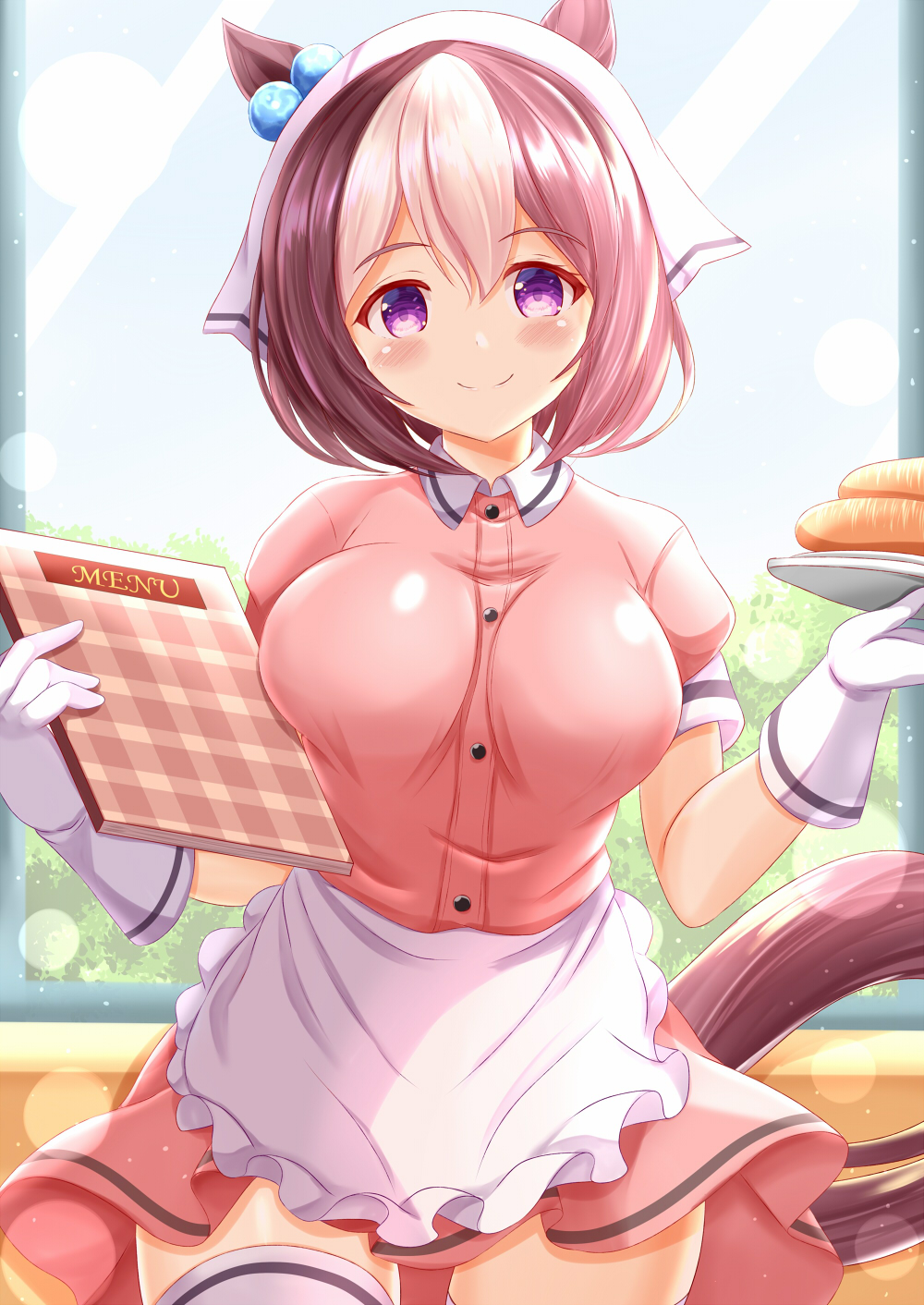 1girl animal_ears apron bangs blend_s blush breasts brown_hair carrot closed_mouth collared_shirt commentary_request cosplay day dress_shirt eyebrows_visible_through_hair frilled_apron frills gloves hair_between_eyes head_scarf highres holding holding_menu holding_plate horse_ears horse_girl horse_tail indoors medium_breasts menu multicolored_hair pink_shirt pink_skirt plate puffy_short_sleeves puffy_sleeves sakuranomiya_maika sakuranomiya_maika_(cosplay) shirt short_sleeves skirt smile solo special_week_(umamusume) stile_uniform tail thigh-highs two-tone_hair umamusume uniform violet_eyes waist_apron waitress white_apron white_gloves white_hair white_legwear window zenon_(for_achieve)