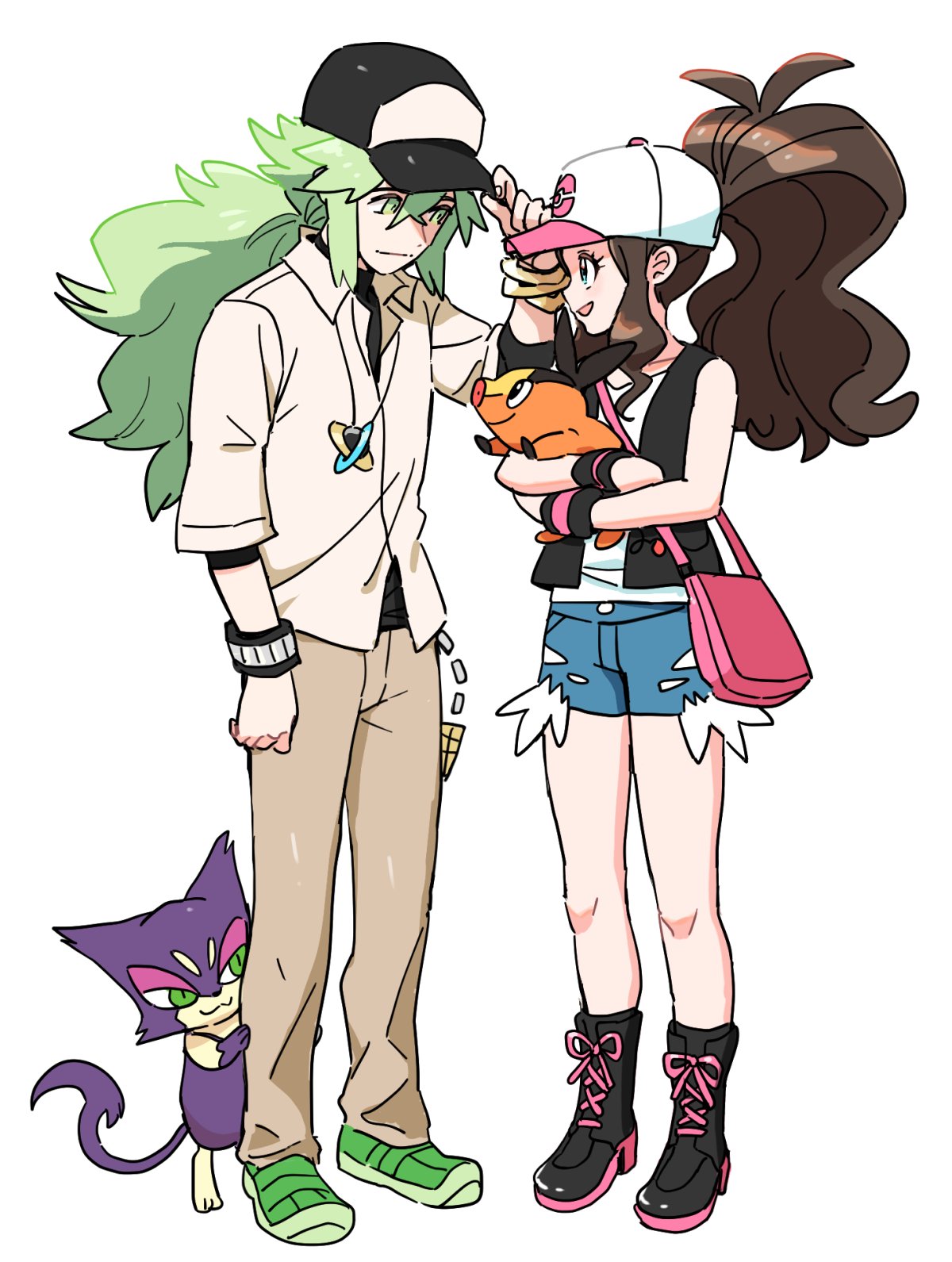 1boy 1girl bangs baseball_cap black_headwear black_undershirt black_vest blue_eyes boots brown_hair brown_pants closed_mouth collared_shirt denim denim_shorts green_eyes green_footwear green_hair hat high_ponytail highres hilda_(pokemon) holding holding_pokemon long_hair n_(pokemon) pants pokemon pokemon_(creature) pokemon_(game) pokemon_bw purrloin rnehrdyd1212 shirt shoes shorts sidelocks sleeveless sleeveless_shirt smile standing tepig undershirt vest white_shirt wristband