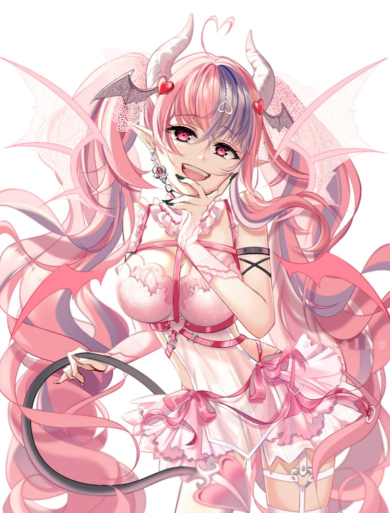 1girl arm_strap bangs black_nails bra breast_strap demon_horns demon_tail demon_wings english_commentary hair_ornament hand_on_own_chin head_tilt heart heart_hair heart_hair_ornament holding_tail horns ironmouse lingerie long_hair looking_at_viewer multicolored_hair negligee open_mouth pink_bra pink_eyes pink_hair purple_hair shimayaeiko smile streaked_hair tail thigh_strap underwear very_long_hair virtual_youtuber vshojo white_background wing_hair_ornament wings