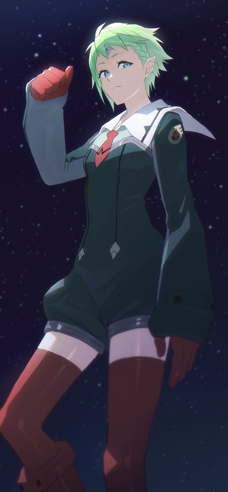 1girl blue_eyes breasts clenched_hand cosplay gloves green_hair green_jumpsuit hair_behind_ear highres lal'c_mellk_mal lal'c_mellk_mal_(cosplay) macross macross_delta mosako necktie pointy_ears red_gloves red_necktie reina_prowler sailor_collar short_hair short_necktie small_breasts smile solo space thigh-highs top_wo_nerae_2!