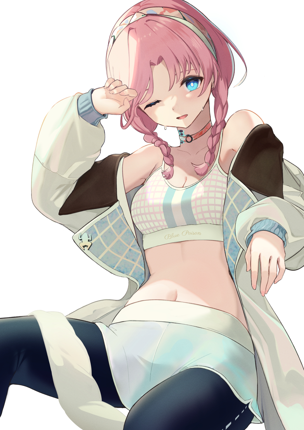 1girl arknights bangs bare_shoulders black_pants blue_eyes blue_poison_(arknights) blue_poison_(shoal_beat)_(arknights) blue_shorts braid breasts choker commentary crop_top hairband hand_up highres jacket leggings legwear_under_shorts long_hair long_sleeves midriff navel nokke_o off_shoulder open_clothes open_jacket pants pink_choker pink_hair shorts simple_background sitting small_breasts solo spaghetti_strap sports_bra stomach twin_braids white_background white_jacket