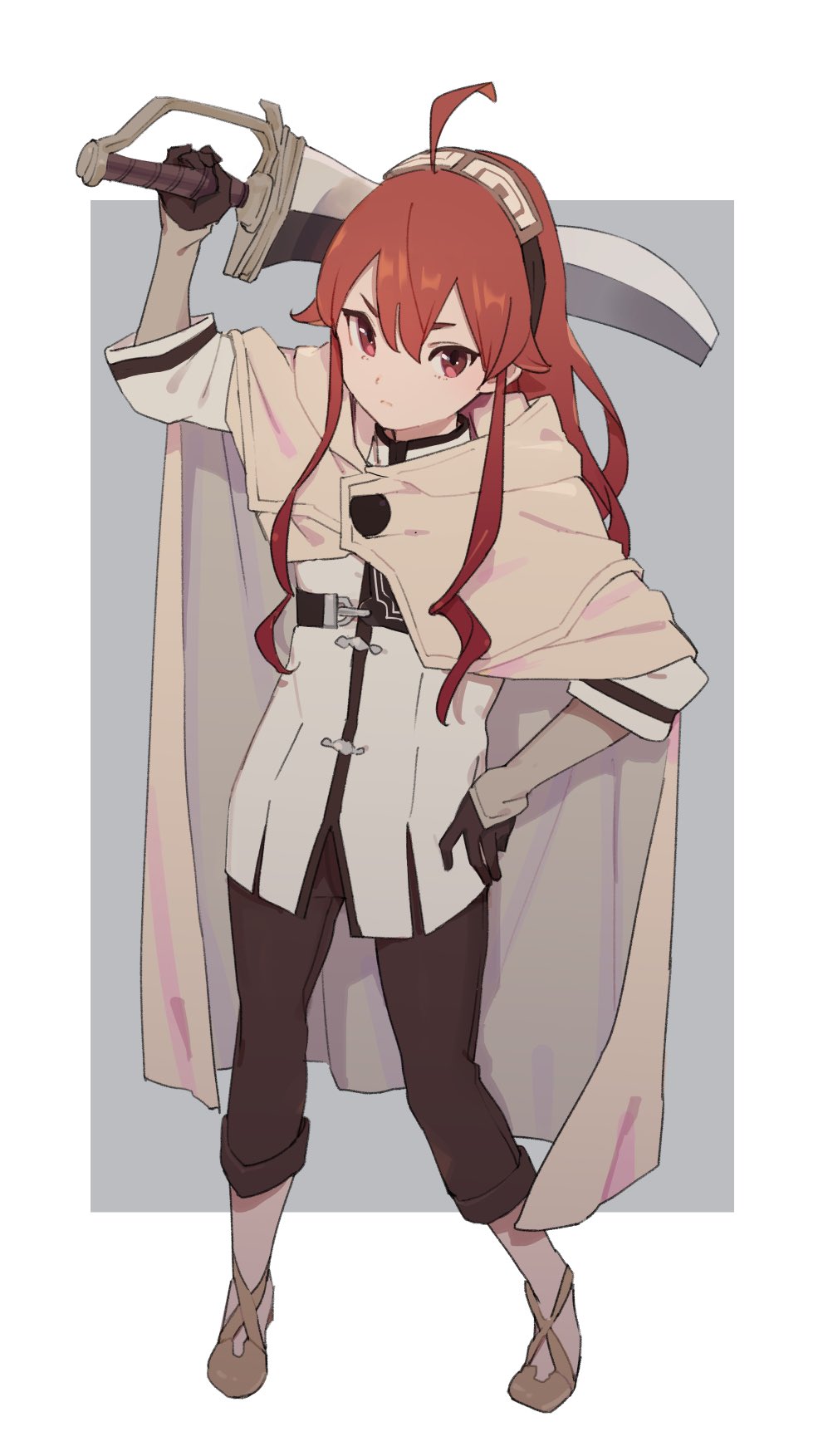 1girl ahoge bangs beige_cape black_gloves brown_pants cape closed_mouth commentary_request eris_greyrat full_body gloves hair_between_eyes hairband hand_on_hip highres holding holding_sword holding_weapon layered_sleeves long_hair long_sleeves mushoku_tensei over_shoulder pants red_eyes redhead shirt short_over_long_sleeves short_sleeves sidelocks solo sword sword_over_shoulder urayamashiro_(artist) weapon weapon_over_shoulder white_shirt