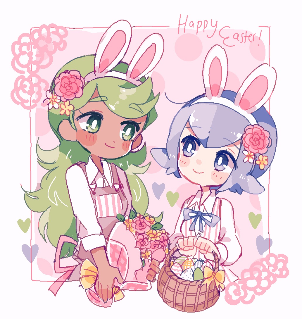 2girls animal_ears apron bangs basket blue_eyes blue_hair blue_ribbon blush_stickers border bright_pupils catsubun_(kkst0904) closed_mouth collared_shirt commentary dark-skinned_female dark_skin egg eye_contact fake_animal_ears flower framed green_hair hair_down happy_easter heart holding lana_(pokemon) long_hair long_sleeves looking_at_another mallow_(pokemon) multiple_girls neck_ribbon pokemon pokemon_(anime) pokemon_sm_(anime) ribbon shirt short_hair smile swept_bangs white_border white_pupils white_shirt