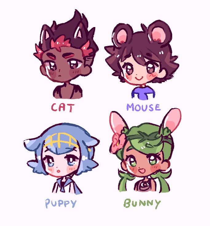 2boys 2girls :d animal_ears ash_ketchum bangs blue_eyes blue_hair blue_sailor_collar blush_stickers bright_pupils brown_eyes brown_hair cat_ears catsubun_(kkst0904) chibi closed_mouth commentary dark-skinned_female dark-skinned_male dark_skin dog_ears eyebrows_visible_through_hair eyelashes flower green_eyes green_hair green_headband hairband headband jewelry kiawe_(pokemon) lana_(pokemon) long_hair mallow_(pokemon) mouse_ears multiple_boys multiple_girls necklace open_mouth pink_flower pokemon pokemon_(anime) pokemon_sm_(anime) rabbit_ears sailor_collar shirt short_hair simple_background sleeveless sleeveless_shirt smile swept_bangs topless_male twintails white_background white_pupils white_shirt yellow_hairband