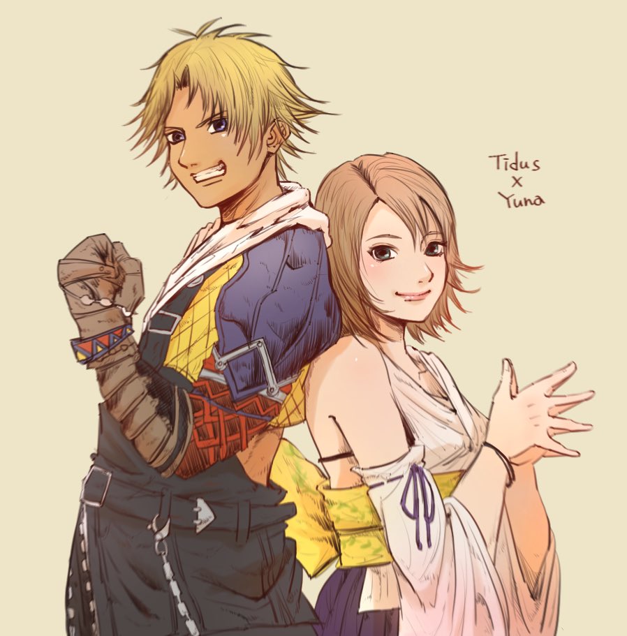 1boy 1girl blue_eyes brown_hair chana_nintendo closed_mouth detached_sleeves final_fantasy final_fantasy_x gloves hakama hakama_skirt japanese_clothes looking_at_viewer medium_hair simple_background skirt smile tidus yuna_(ff10)