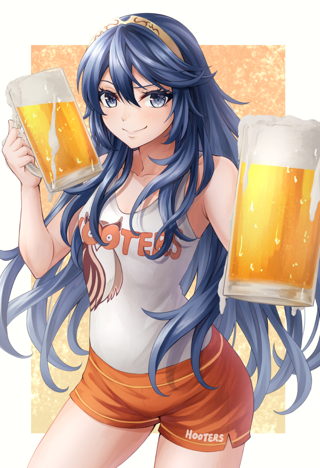 1girl alcohol alternate_costume bangs bare_shoulders beer beer_mug bird blue_eyes blue_hair breasts collarbone cup drink fire_emblem fire_emblem_awakening hair_between_eyes holding holding_cup hooters looking_at_viewer lucina_(fire_emblem) mug no_legwear orange_shorts short_shorts shorts small_breasts smile solo tank_top ten_(tenchan_man) tiara