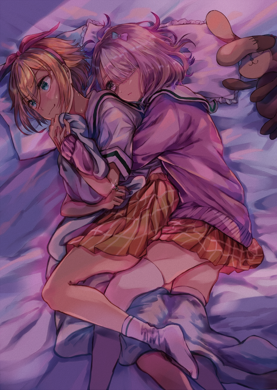 2girls amagai_kosame bangs bed bed_sheet blonde_hair blue_choker blush bow breasts choker eyebrows_visible_through_hair eyepatch hair_between_eyes hair_bow hairband highres long_sleeves mahou_shoujo_site medical_eyepatch medium_breasts multiple_girls no_shoes on_bed pink_sweater plaid plaid_skirt pleated_skirt sailor_collar school_uniform shirt short_hair short_sleeves silver_hair skirt suirenji_kiyoharu sweater thigh-highs violet_eyes white_legwear white_sailor_collar white_shirt yellow_skirt