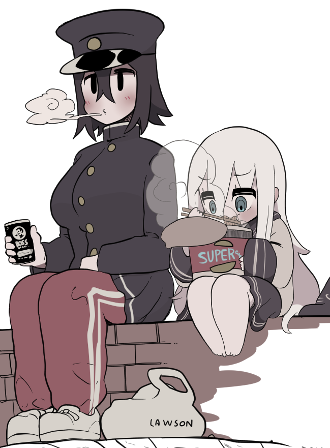 2girls akitsu_maru_(kancolle) bag bangs barefoot black_eyes black_hair black_headwear blue_eyes blush boss_coffee breasts brick can canned_coffee eating food hair_between_eyes hat hibiki_(kancolle) holding holding_can kantai_collection kokoyashi large_breasts long_hair long_sleeves multiple_girls noodles pants plastic_bag ramen red_pants sailor_collar school_uniform serafuku shoes simple_background sitting skirt sneakers steam sweatpants white_background white_footwear white_hair