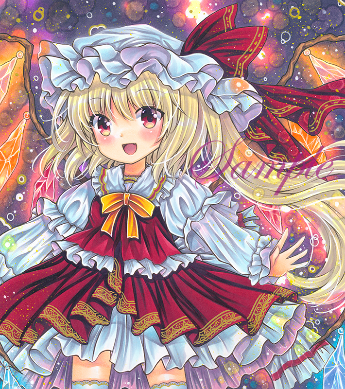 1girl :d blonde_hair cowboy_shot crystal dark_background eyebrows_visible_through_hair flandre_scarlet frilled_shirt_collar frilled_sleeves frills glowing hat hat_ribbon juliet_sleeves long_hair long_sleeves looking_at_viewer marker_(medium) mob_cap open_mouth puffy_sleeves red_eyes red_ribbon red_skirt red_vest ribbon rui_(sugar3) sample shirt side_ponytail skirt smile solo thigh-highs touhou traditional_media vest white_headwear white_legwear white_shirt wings zettai_ryouiki