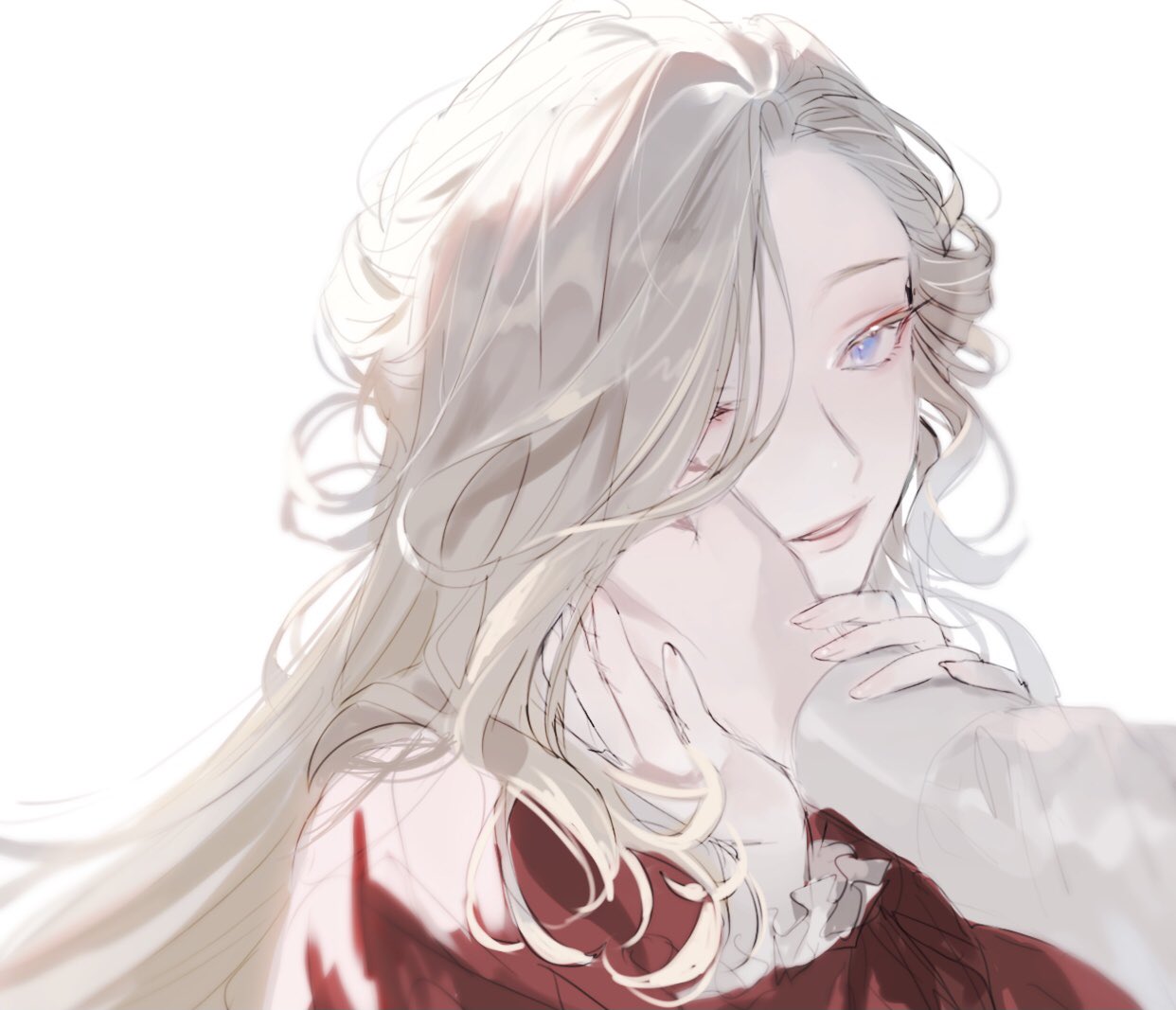1girl blouse blue_eyes genshin_impact hand_on_another's_cheek hand_on_another's_face long_hair pale_skin parted_lips platinum_blonde_hair red_blouse signora_(genshin_impact) taking_another's_hand umemegn white_background