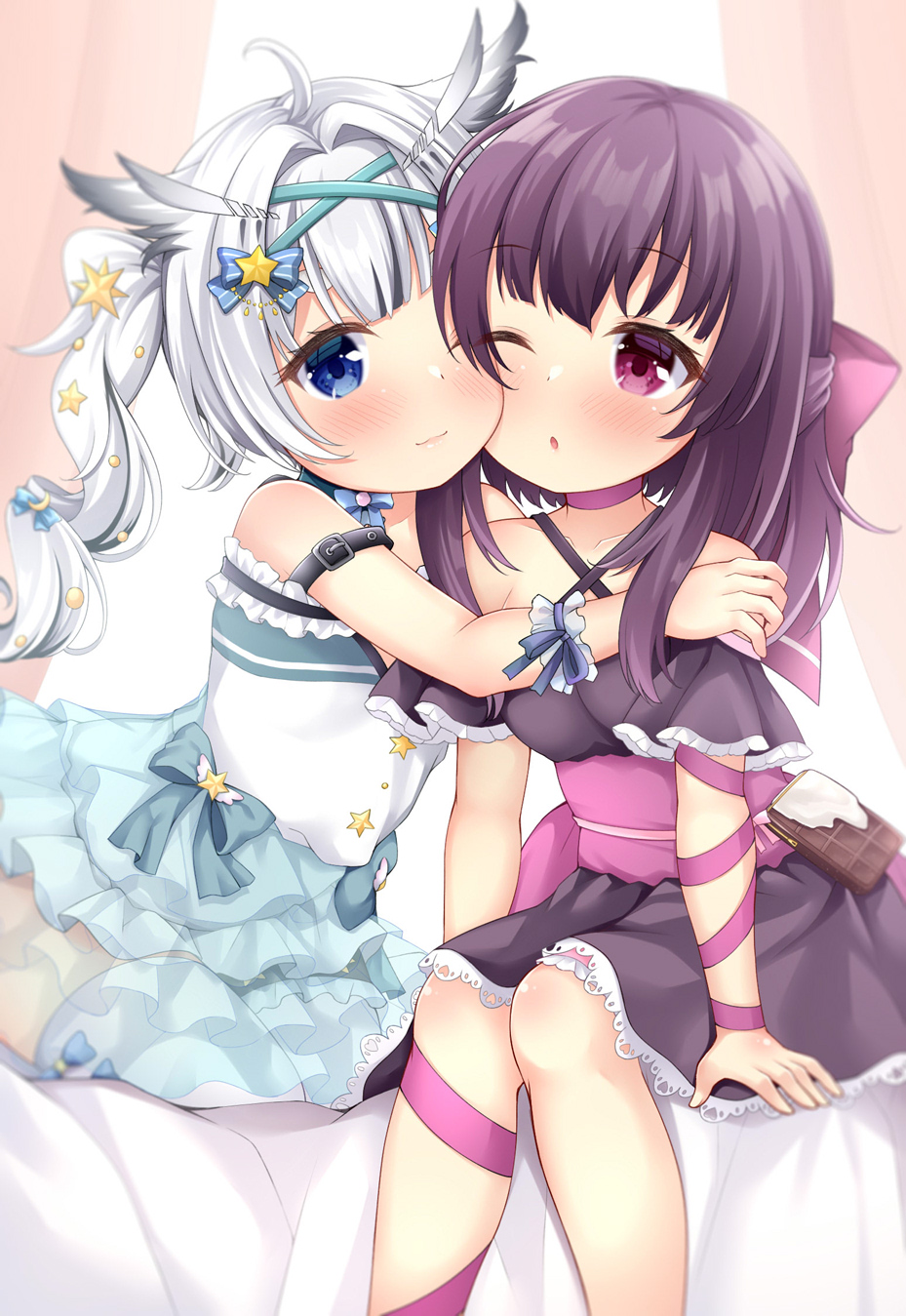 2girls ;) ;o ahoge bangs bare_shoulders black_dress black_hair blue_dress blue_eyes blue_legwear blush cheek-to-cheek choker closed_mouth collarbone commentary_request copyright_request criss-cross_halter curtains dress eyebrows_behind_hair eyebrows_visible_through_hair feet_out_of_frame hair_intakes halterneck heads_together highres maccha multiple_girls off-shoulder_dress off_shoulder one_eye_closed parted_lips pink_choker see-through seiza short_eyebrows silver_hair sitting smile thick_eyebrows thigh-highs twintails violet_eyes virtual_youtuber