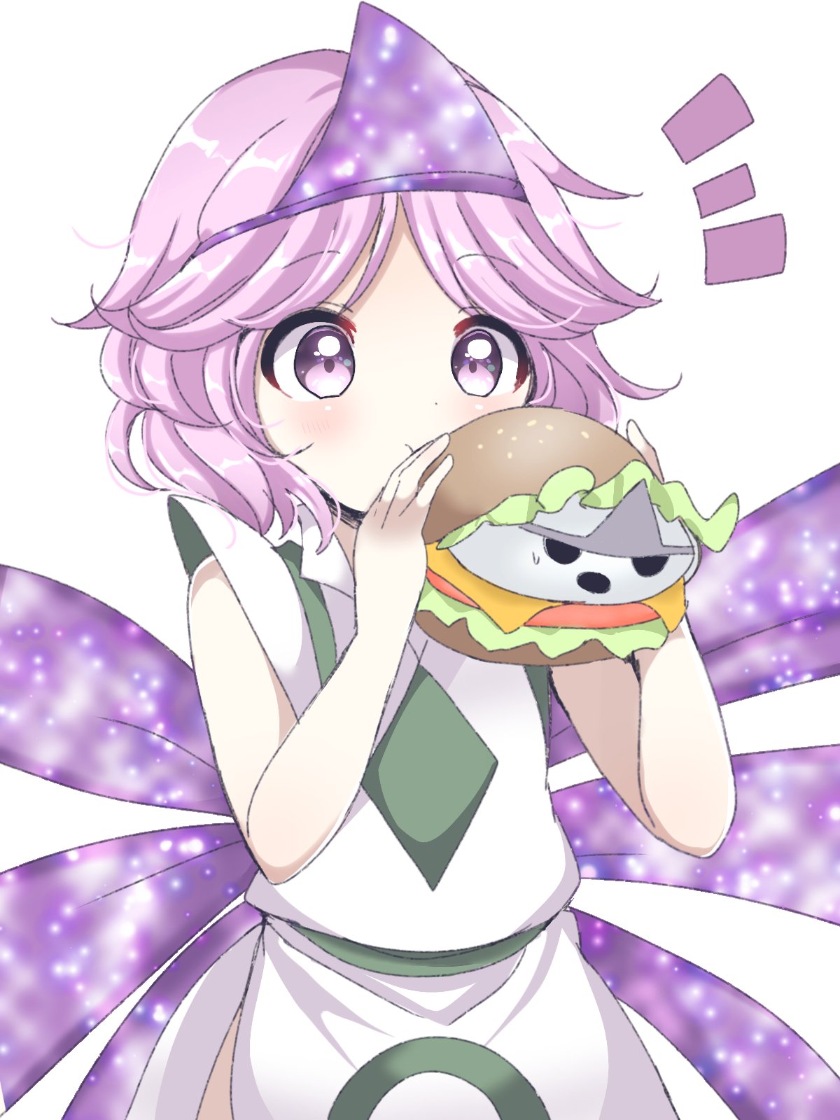 1other androgynous bare_shoulders burger cowboy_shot eating eyebrows_visible_through_hair food highres japanese_clothes len'en ougi_hina pink_hair shion_(len'en) short_hair simple_background triangular_headpiece violet_eyes white_background wings