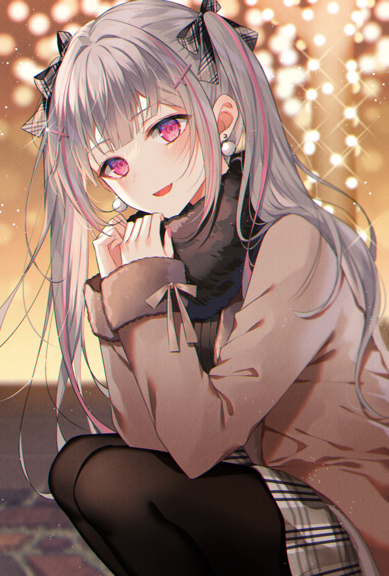 1girl :d asumi_sena bangs black_legwear blush bow brown_jacket commentary_request earrings eyebrows_visible_through_hair fang feet_out_of_frame fur-trimmed_sleeves fur_trim glint grey_bow grey_hair grey_skirt hair_bow hair_ornament hands_up jacket jewelry long_hair long_sleeves looking_at_viewer multicolored_hair myusha nail_polish pantyhose pink_hair pink_nails plaid plaid_bow plaid_skirt red_eyes skirt sleeves_past_wrists smile solo streaked_hair twintails very_long_hair virtual_youtuber vspo!