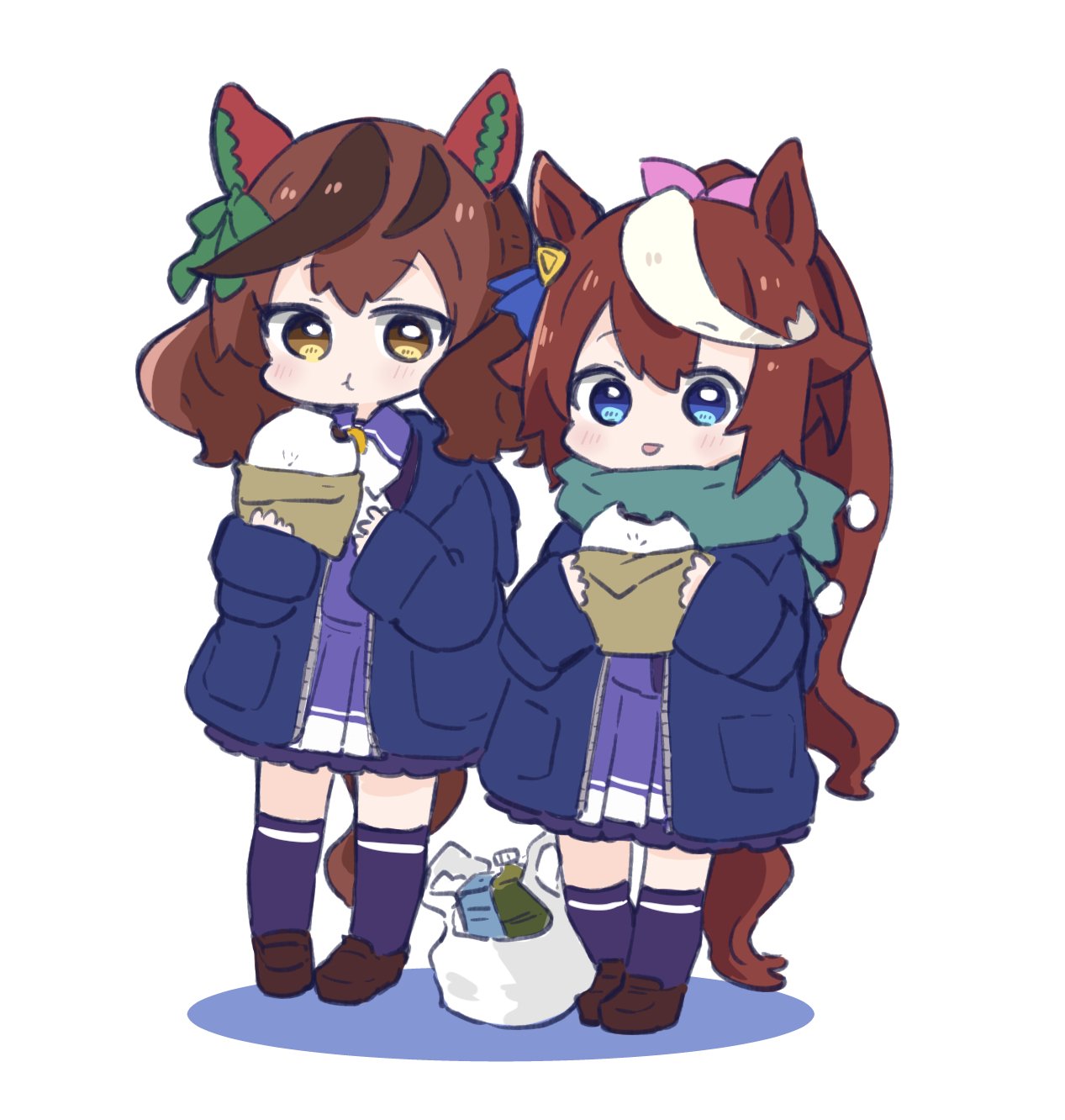 2girls :t animal_ears bag baozi blue_eyes blue_jacket blush bottle bow brown_eyes brown_footwear brown_hair chibi closed_mouth colored_shadow ear_bow eating food green_bow hair_ribbon highres hitomiz holding holding_food horse_ears horse_girl horse_tail jacket loafers long_sleeves multicolored_hair multiple_girls nice_nature_(umamusume) open_clothes open_jacket pink_ribbon plastic_bag pleated_skirt ponytail purple_legwear purple_shirt purple_skirt ribbon school_uniform shadow shirt shoes skirt sleeves_past_wrists standing streaked_hair tail thigh-highs tokai_teio_(umamusume) tongue tongue_out tracen_school_uniform umamusume white_background white_hair