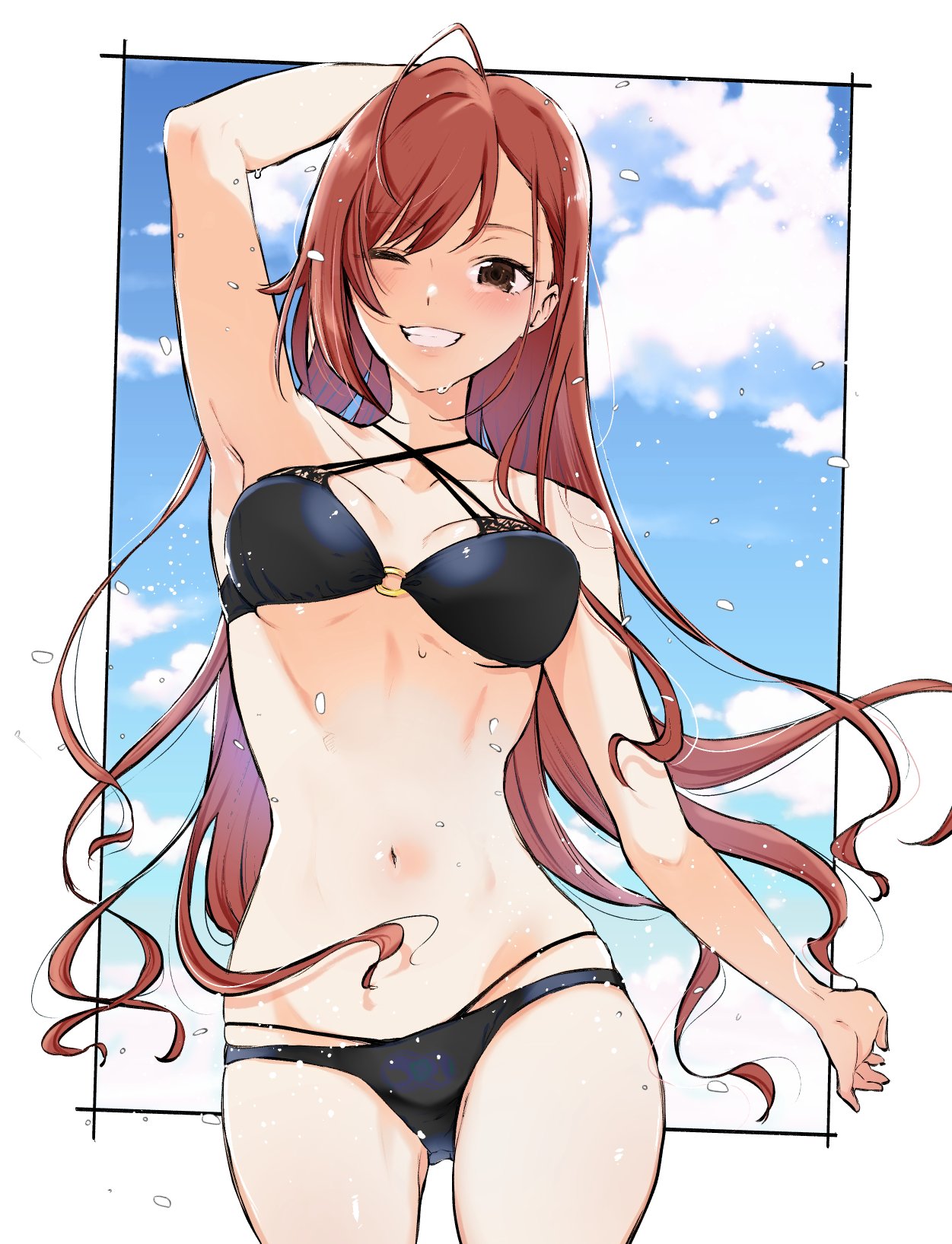 1girl ;d ahoge arisugawa_natsuha armpits bikini black_bikini blue_sky breasts clouds collarbone cowboy_shot detached_sleeves framed grin groin halterneck highres idolmaster idolmaster_shiny_colors long_hair looking_at_viewer medium_breasts midriff multi-strapped_bikini navel o-ring o-ring_bikini one_eye_closed orange_hair osomatsu_(nanameno) outside_border skindentation sky smile solo swimsuit very_long_hair water_drop wavy_hair