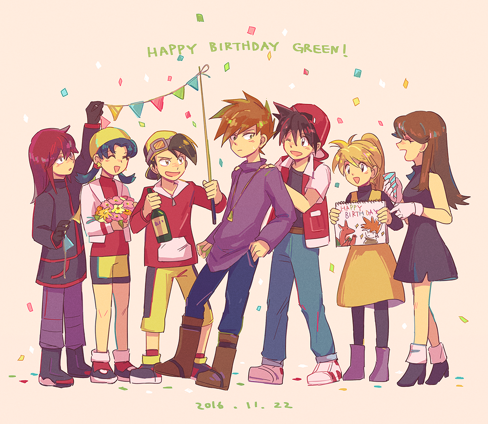 3girls 4boys backwards_hat bangs bike_shorts blonde_hair blue_oak blue_pants boots bottle brown_footwear brown_hair character_name commentary_request confetti dated ethan_(pokemon) gloves green_(pokemon) happy_birthday hat holding holding_bottle itome_(funori1) jacket knees kris_(pokemon) long_hair long_sleeves multiple_boys multiple_girls open_clothes open_jacket pants pokemon pokemon_adventures ponytail purple_pants purple_shirt red_(pokemon) red_jacket red_shirt redhead shirt shoes short_hair short_sleeves silver_(pokemon) spiky_hair standing white_footwear white_jacket yellow_(pokemon) yellow_headwear yellow_pants