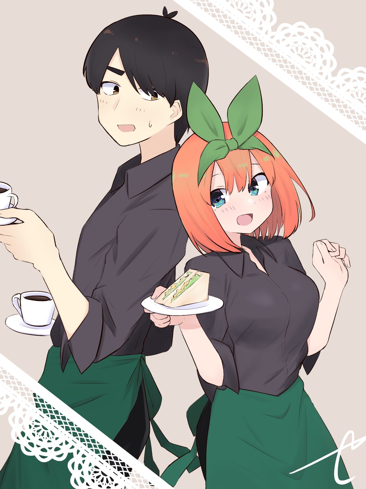 1boy 1girl :d apron bangs black_hair black_pants black_shirt blue_eyes blush breasts coffee collared_shirt commentary_request cup dress_shirt employee_uniform eyebrows_behind_hair food go-toubun_no_hanayome green_apron green_ribbon grey_background hair_between_eyes hair_ribbon hands_up highres holding holding_plate holding_saucer kujou_karasuma long_sleeves medium_breasts nakano_yotsuba orange_hair pants plate ribbon sandwich saucer shirt short_sleeves signature simple_background smile thick_eyebrows uesugi_fuutarou uniform