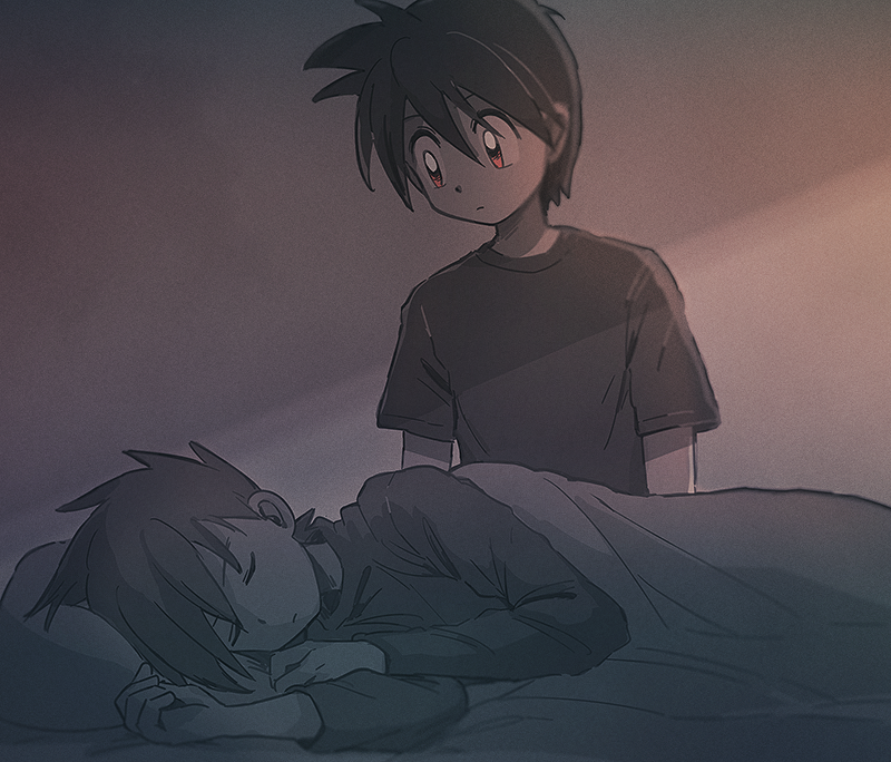 2boys bangs blue_oak closed_eyes closed_mouth commentary_request head_on_pillow indoors itome_(funori1) long_sleeves looking_at_another looking_down lying male_focus multiple_boys on_side orange_eyes pillow pokemon pokemon_adventures red_(pokemon) shirt short_hair short_sleeves sleeping spiky_hair t-shirt under_covers