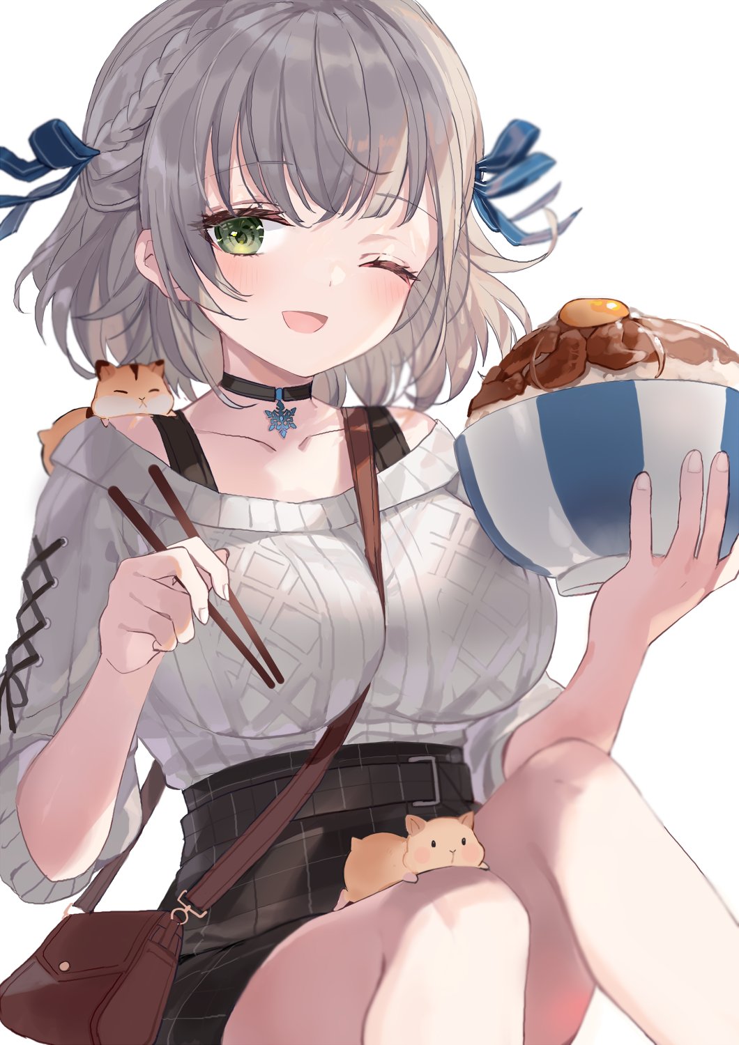 1girl ;d animal_on_shoulder bag bangs between_breasts black_choker blue_ribbon blush bowl breasts brown_skirt choker chopsticks commentary_request eyebrows_visible_through_hair food green_eyes hair_ribbon hamster high-waist_skirt highres holding holding_bowl holding_chopsticks hololive knees_up large_breasts long_sleeves looking_at_viewer one_eye_closed ribbon shirogane_noel short_hair shoulder_bag silver_hair simple_background siohanabi sitting skirt smile solo strap_between_breasts sweater virtual_youtuber white_background white_sweater