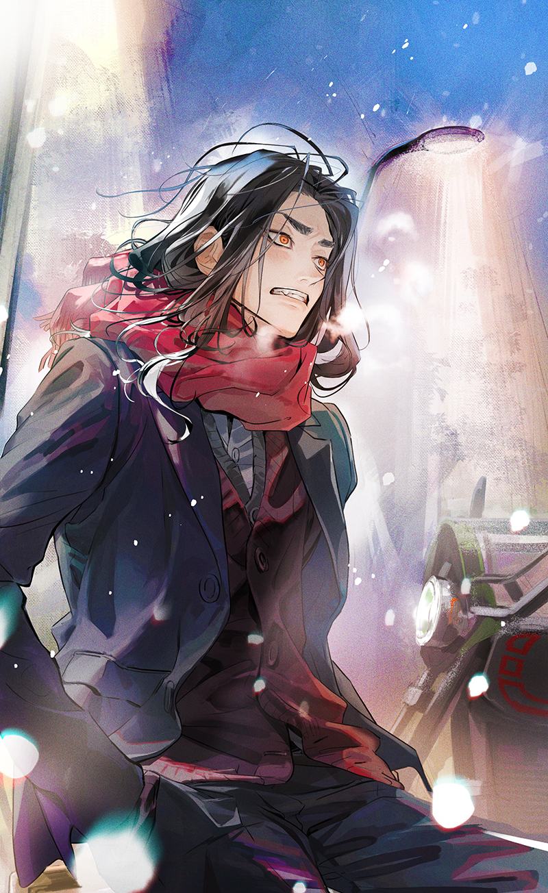 1boy baji_keisuke black_hair black_vest blazer blue_jacket blue_pants brown_eyes clenched_teeth cowboy_shot ground_vehicle hands_in_pockets highres jacket lamppost long_hair long_sleeves looking_away male_focus miyuki_nknk motor_vehicle motorcycle outdoors pants red_scarf scarf sitting solo teeth tokyo_revengers vest visible_air