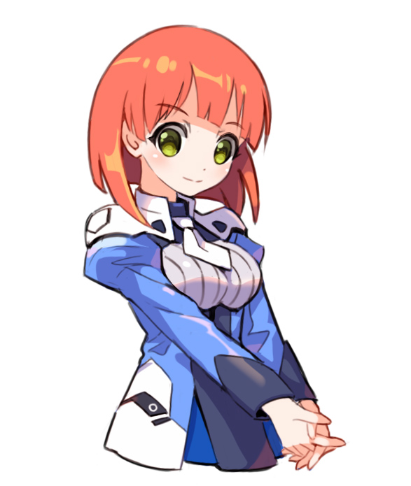 1girl bangs blue_jacket breasts eyebrows_visible_through_hair green_eyes jacket korean_commentary lian_anbird medium_breasts military military_uniform necktie orange_background own_hands_clasped own_hands_together short_necktie smile solo super_robot_wars super_robot_wars_30 taedu uniform upper_body white_background white_necktie