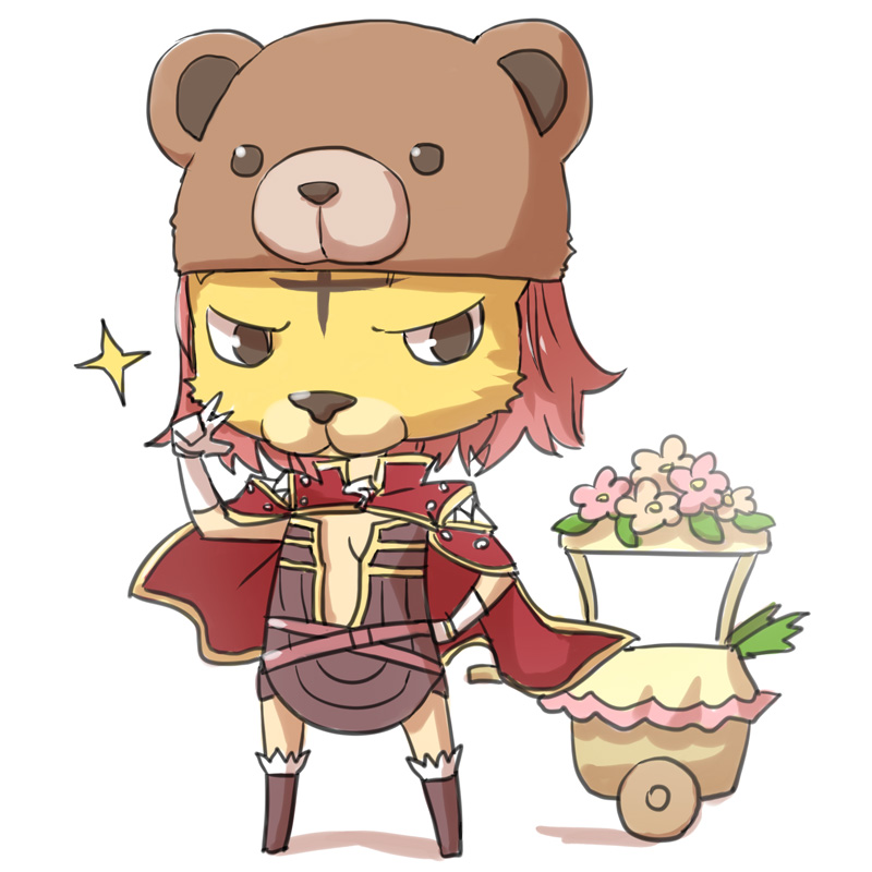 1girl bear_hat belt boots breasts brown_belt brown_dress brown_footwear cape chibi commentary_request creator_(ragnarok_online) dress flower full_body fur-trimmed_footwear gloves hand_on_hip living_clothes masked natsuya_(kuttuki) pink_flower pullcart ragnarok_online red_cape short_dress short_hair simple_background small_breasts solo sparkle standing strapless strapless_dress teeth w white_background white_gloves