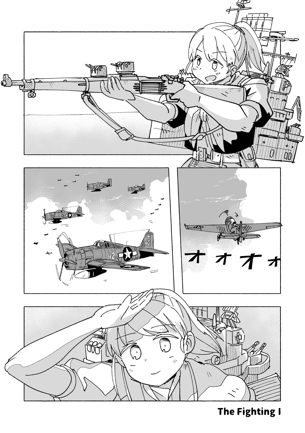 1girl aircraft breasts clouds drop_tank f6f_hellcat firing greyscale highres intrepid_(kancolle) jura_cambri kantai_collection large_breasts m1903_springfield machinery monochrome neckerchief radar rigging roundel shading_eyes turret