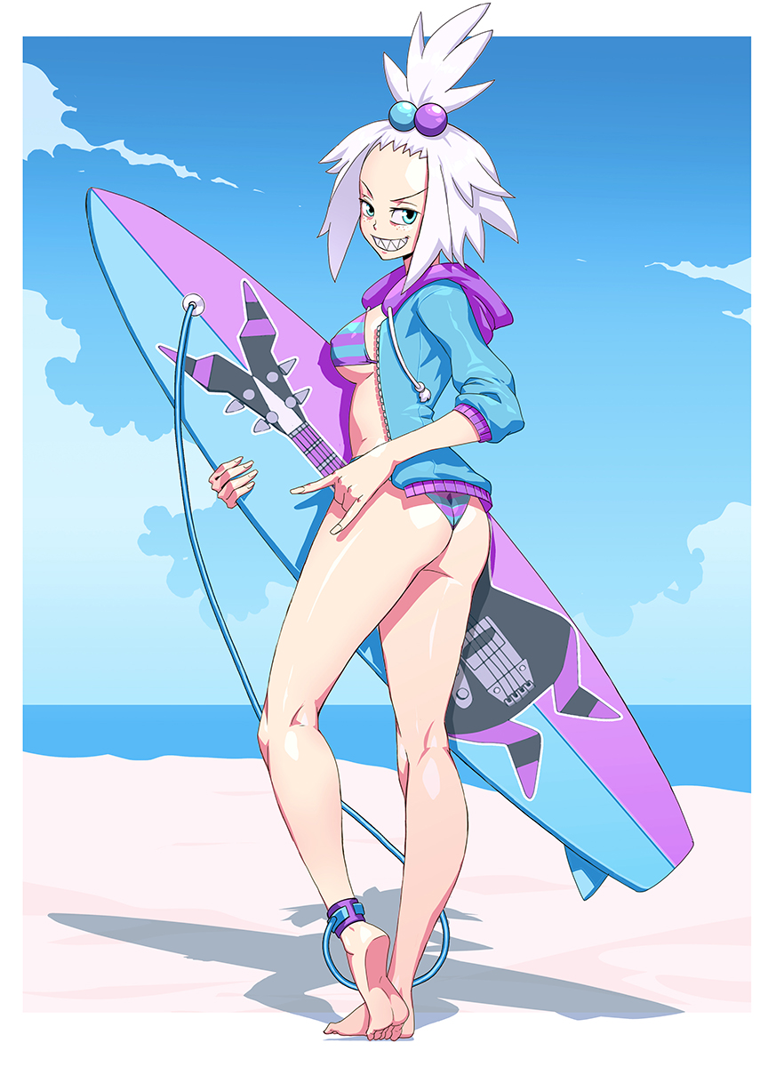 1girl ass beach bikini blue_eyes breasts commission day freckles from_behind genzoman grin hair_bobbles hair_ornament highres jacket looking_at_viewer looking_back medium_breasts open_clothes open_jacket outdoors pokemon pokemon_(game) pokemon_bw2 roxie_(pokemon) sharp_teeth shiny shiny_hair shiny_skin short_hair smile solo spiky_hair standing striped striped_bikini surfboard swimsuit teeth topknot white_hair