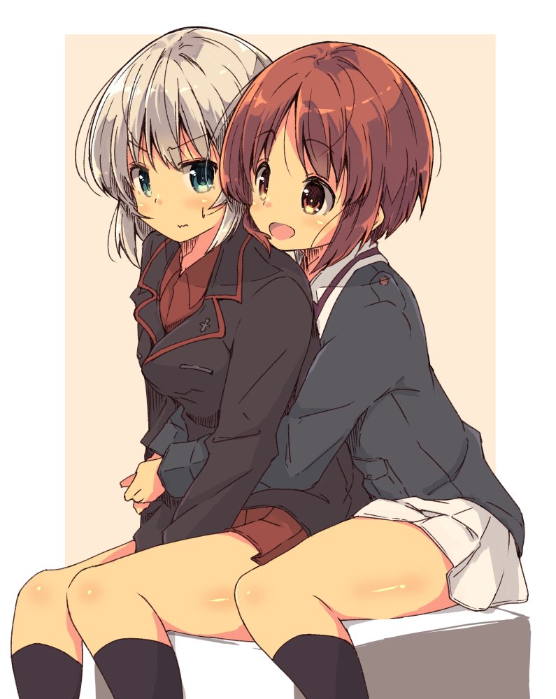 2girls bangs black_jacket black_legwear blue_eyes blue_jacket blush brown_eyes brown_hair closed_mouth commentary dress_shirt eyebrows_visible_through_hair frown girls_und_panzer hug hug_from_behind itsumi_erika jacket kuromorimine_military_uniform long_sleeves looking_at_another looking_at_viewer medium_hair military military_uniform miniskirt multiple_girls nishizumi_miho ooarai_military_uniform open_mouth pleated_skirt red_shirt red_skirt shirt short_hair silver_hair sitting skirt smile socks sweatdrop tom_q_(tomtoq) uniform white_skirt wing_collar yuri