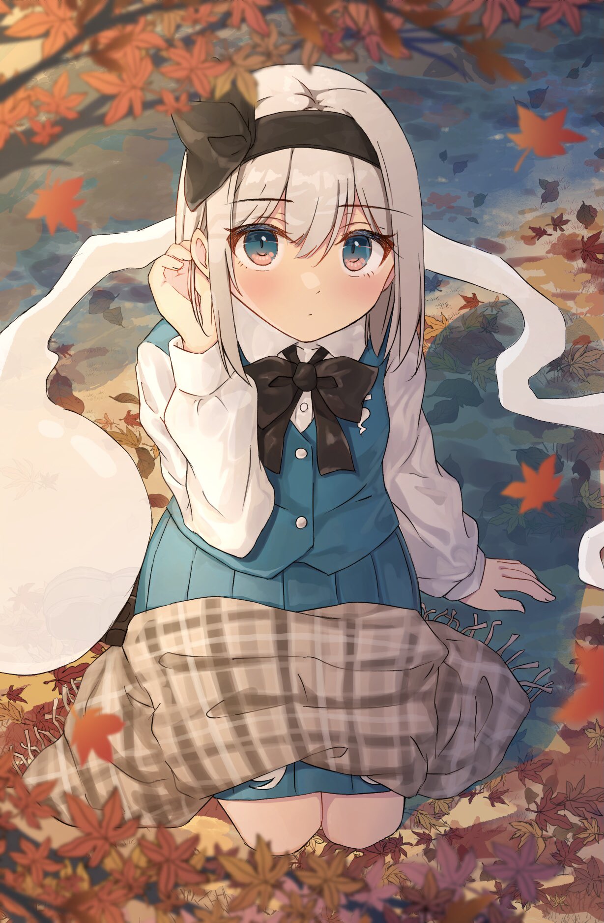 1girl aqua_eyes autumn autumn_leaves black_hairband black_ribbon blush buttons closed_mouth collared_shirt eyebrows_visible_through_hair green_skirt green_vest hair_between_eyes hair_ribbon hairband highres hitodama konpaku_youmu konpaku_youmu_(ghost) leaf long_sleeves looking_at_viewer maple_leaf pleated_skirt ribbon sakuramochi_usa shirt short_hair skirt skirt_set solo touhou vest white_hair white_shirt