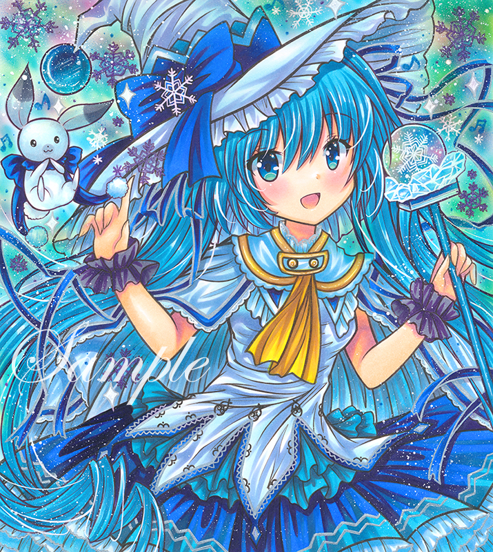 1girl :d beamed_sixteenth_notes blue_background blue_eyes blue_ribbon blue_skirt blue_theme blush breasts capelet cowboy_shot eighth_note eyebrows_visible_through_hair frilled_hat frilled_ribbon frilled_skirt frills hat hat_ribbon hatsune_miku holding holding_wand index_finger_raised large_hat long_hair looking_at_viewer marker_(medium) musical_note open_mouth rabbit_yukine ribbon rui_(sugar3) sample shirt skirt small_breasts smile snowflake_background solo traditional_media very_long_hair vocaloid wand white_capelet white_headwear white_shirt witch_hat wrist_cuffs yellow_neckwear yuki_miku yuki_miku_(2014)