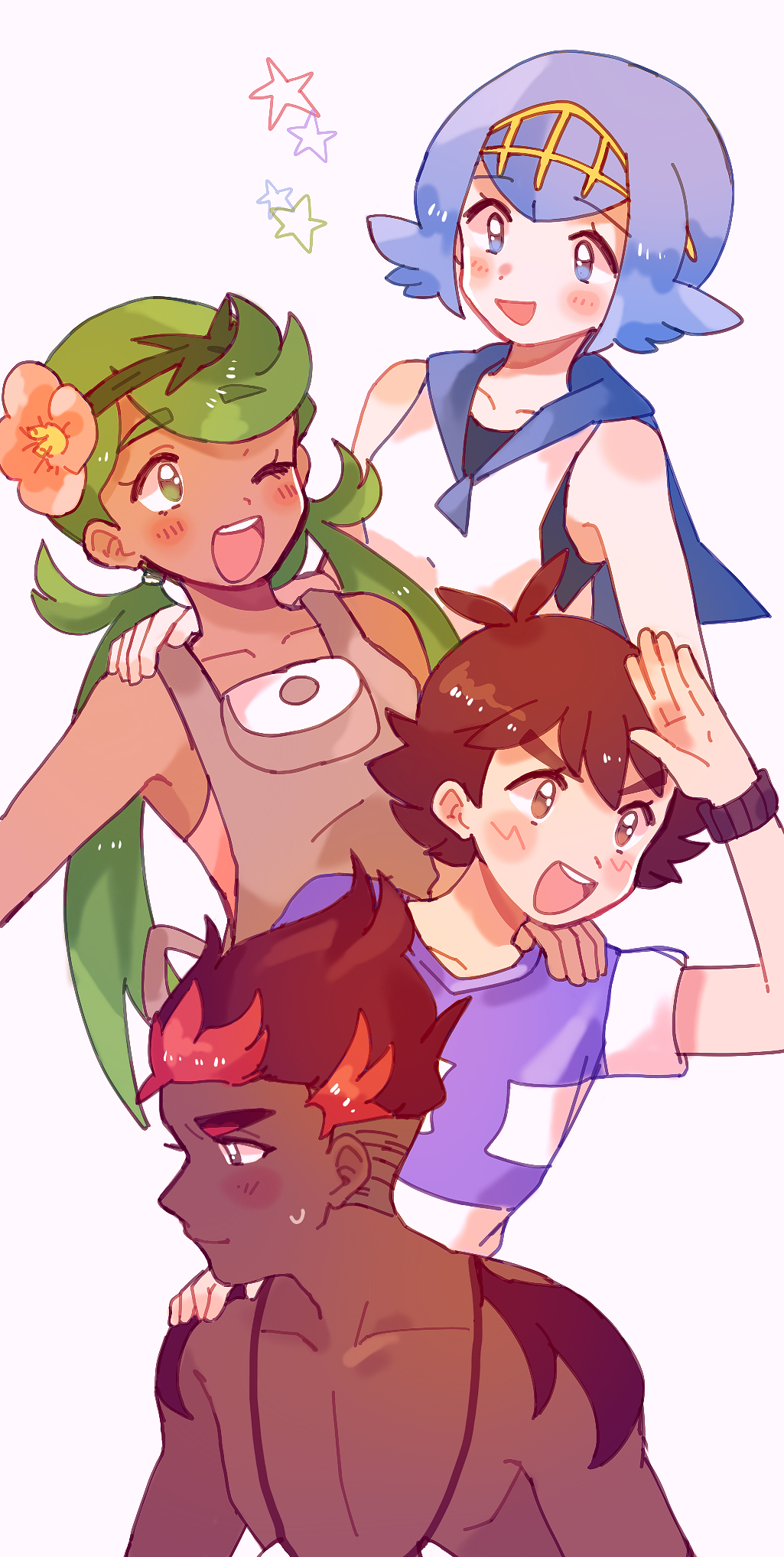 2boys 2girls :d antenna_hair ash_ketchum bangs blue_eyes blue_hair blue_sailor_collar brown_hair catsubun_(kkst0904) collarbone commentary dark-skinned_female dark-skinned_male dark_skin flower green_eyes green_hair green_headband grey_overalls hairband hand_up headband highres jewelry kiawe_(pokemon) lana_(pokemon) long_hair mallow_(pokemon) multiple_boys multiple_girls necklace open_mouth overalls pink_flower pink_shirt pokemon pokemon_(anime) pokemon_sm_(anime) sailor_collar shirt short_hair sleeveless sleeveless_shirt smile star_(symbol) swept_bangs teeth tongue topless_male twintails upper_teeth white_background white_shirt yellow_hairband