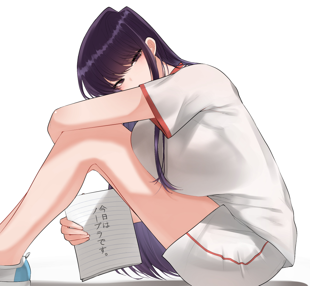 1girl bare_legs breast_press breasts brown_eyes commentary from_side komi-san_wa_komyushou_desu komi_shouko large_breasts long_hair looking_at_viewer looking_to_the_side purple_hair ricochet-gou shirt shoes short_sleeves shorts sidelocks simple_background sitting solo translated white_background white_shirt white_shorts