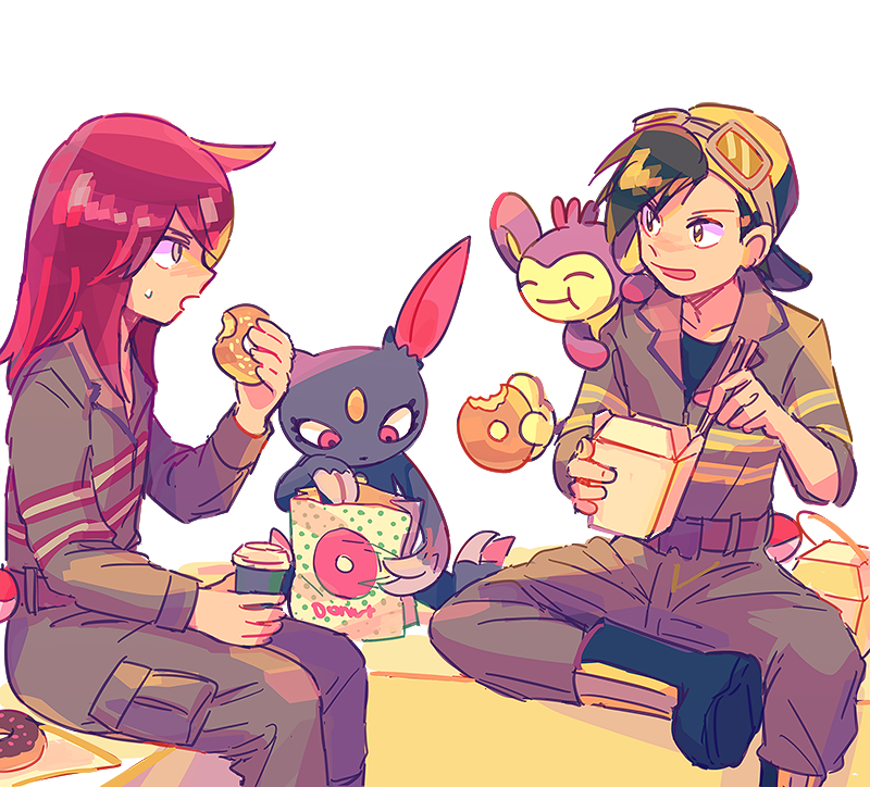 2boys aipom backwards_hat bangs baseball_cap belt black_footwear black_shirt boots chopsticks commentary_request doughnut eating ethan_(pokemon) food hand_up hat holding holding_chopsticks holding_food itome_(funori1) jacket long_hair male_focus multiple_boys open_mouth pants pokemon pokemon_(creature) pokemon_adventures redhead shirt short_hair silver_(pokemon) sitting sneasel sweatdrop